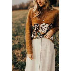 Idol Mind Women's Soft Floral Pullover Sweater Brown L Fall Comfy Cozy Outdoor